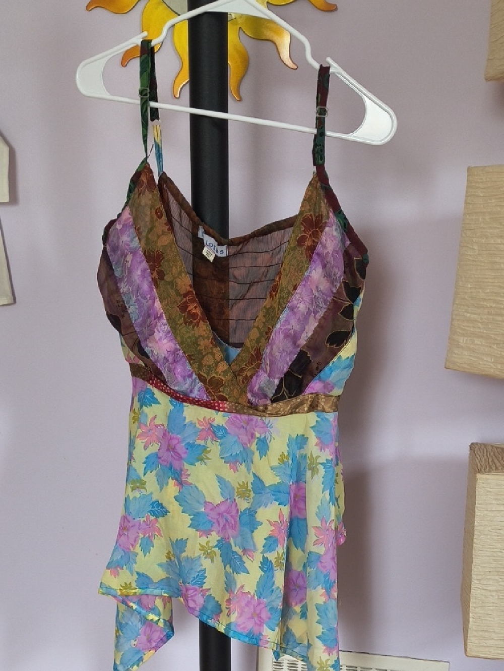 Lei Lotus Patchwork Floral V-Neck Camisole in Yellow, Brown and Purple